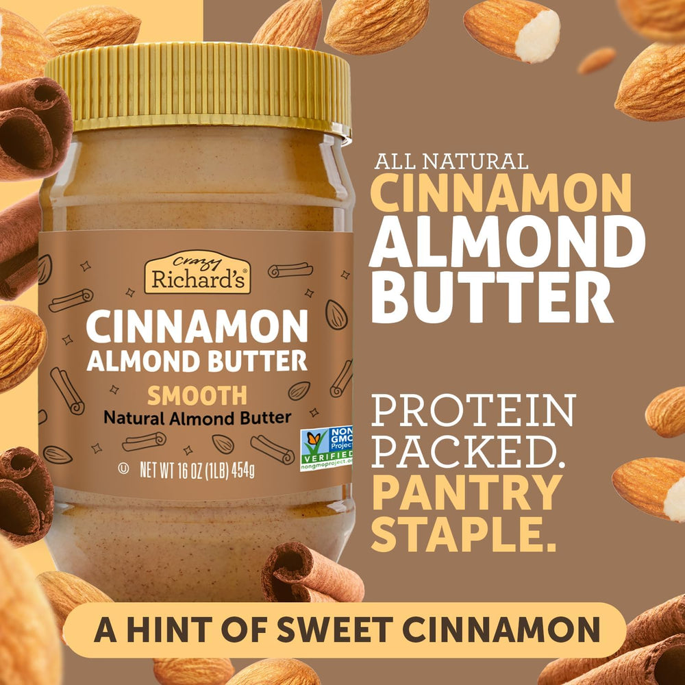 Crazy Richard's raw ingredients layout showing almonds cinnamon sea salt cane sugar