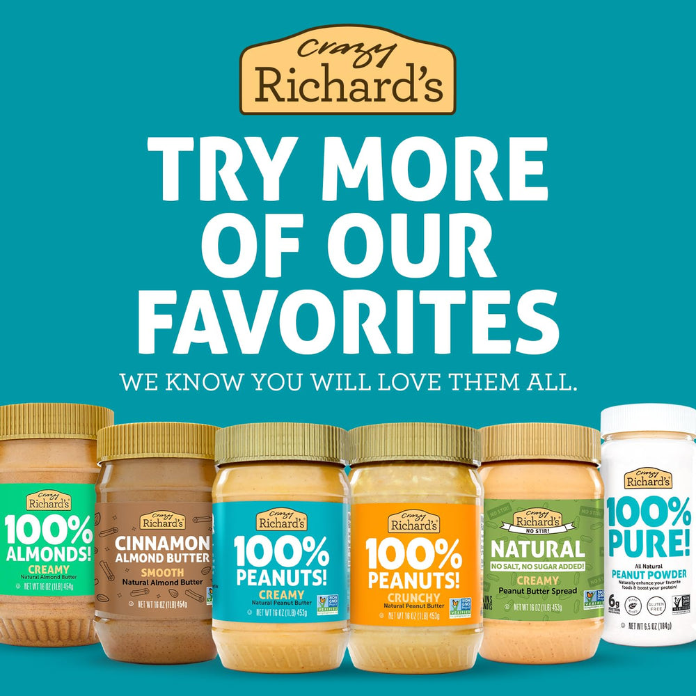 Crazy Richard's jar packed in lunchbox showing mess-free, stable spread benefit
