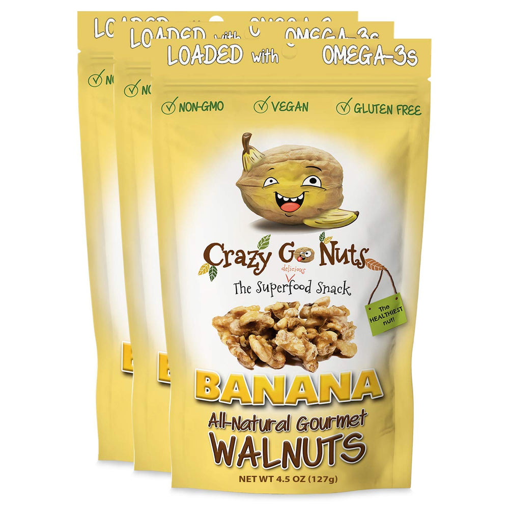 CrazyGoNuts front packaging showing banana glazed walnuts and benefits