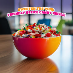 CRAZYOUTLET bowl of hard candy on reception desk adding cheerful snacks for visitors
