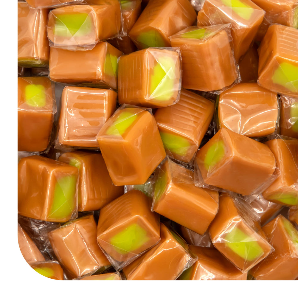 CRAZYOUTLET front packaging of 2 lb caramel cubes shows product and resealable bag benefit