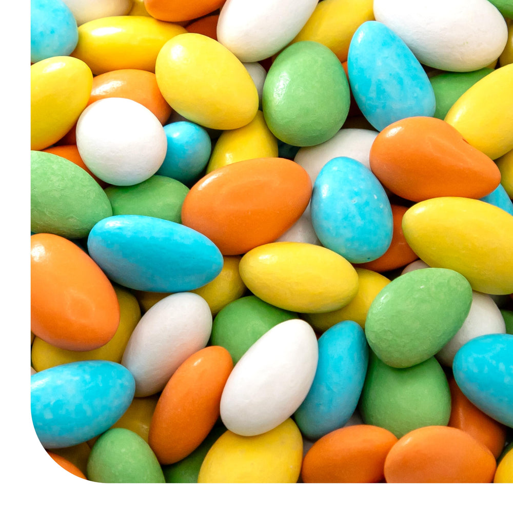CRAZYOUTLET front packaging showing 1 lb bag and pastel almonds for easy event use