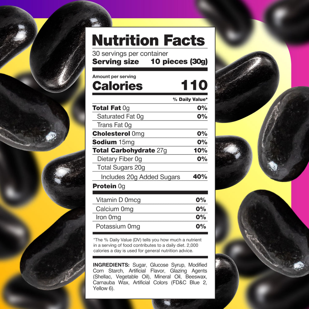 CRAZYOUTLET loose black licorice jelly beans spilled on table for visual appeal and ready serving