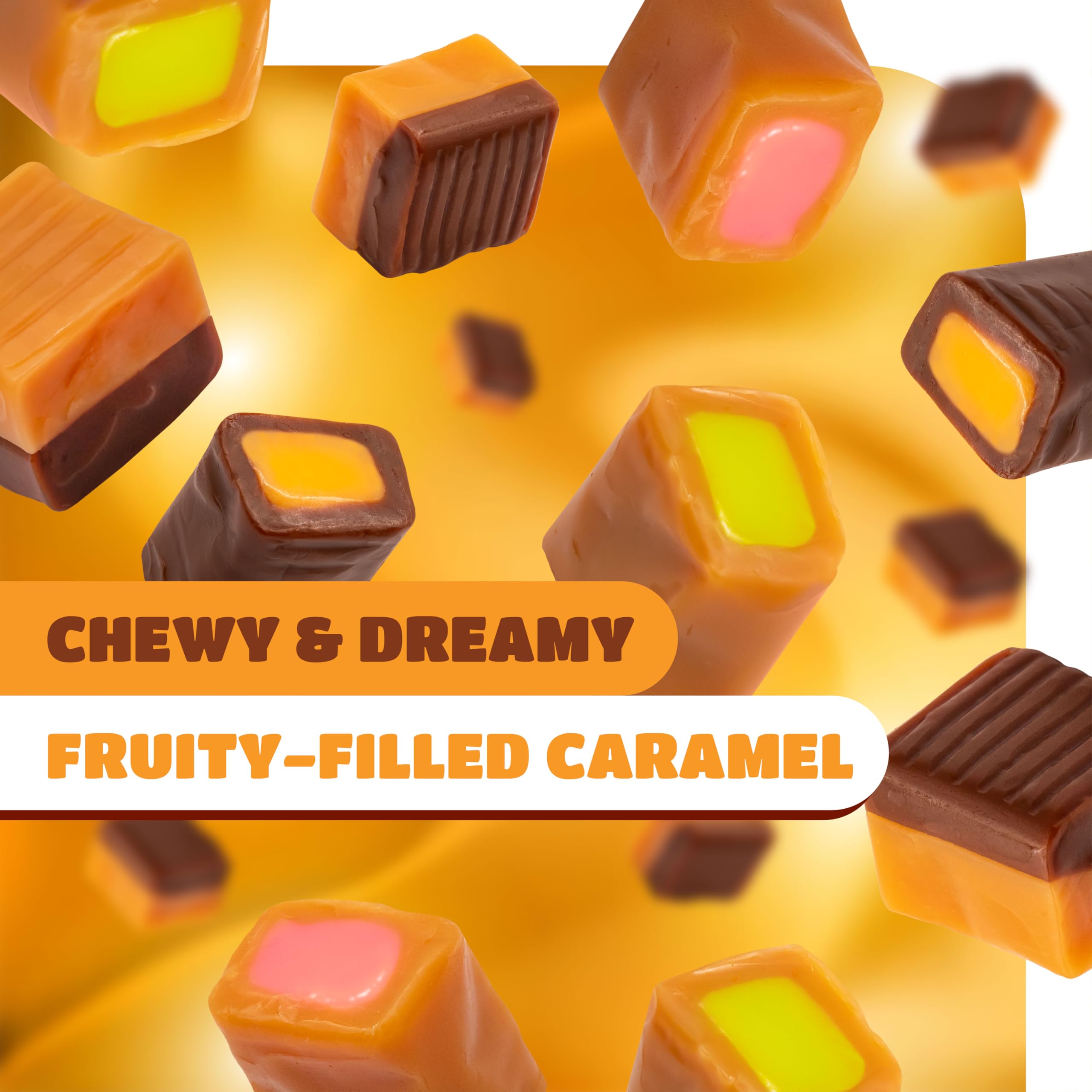 CRAZYOUTLET caramel cube in hand for scale, shows convenient bite-size benefit