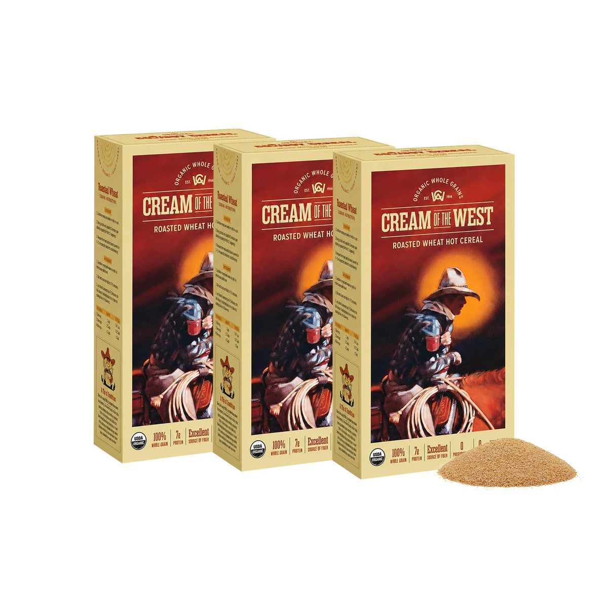 Cream of the West pack front showing branding and three 20 oz bags with pantry-ready whole grain benefit