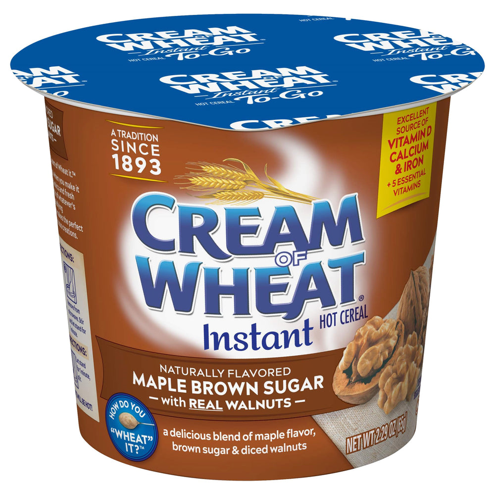 Cream of Wheat front packaging showing maple brown sugar walnut flavor and quick convenience
