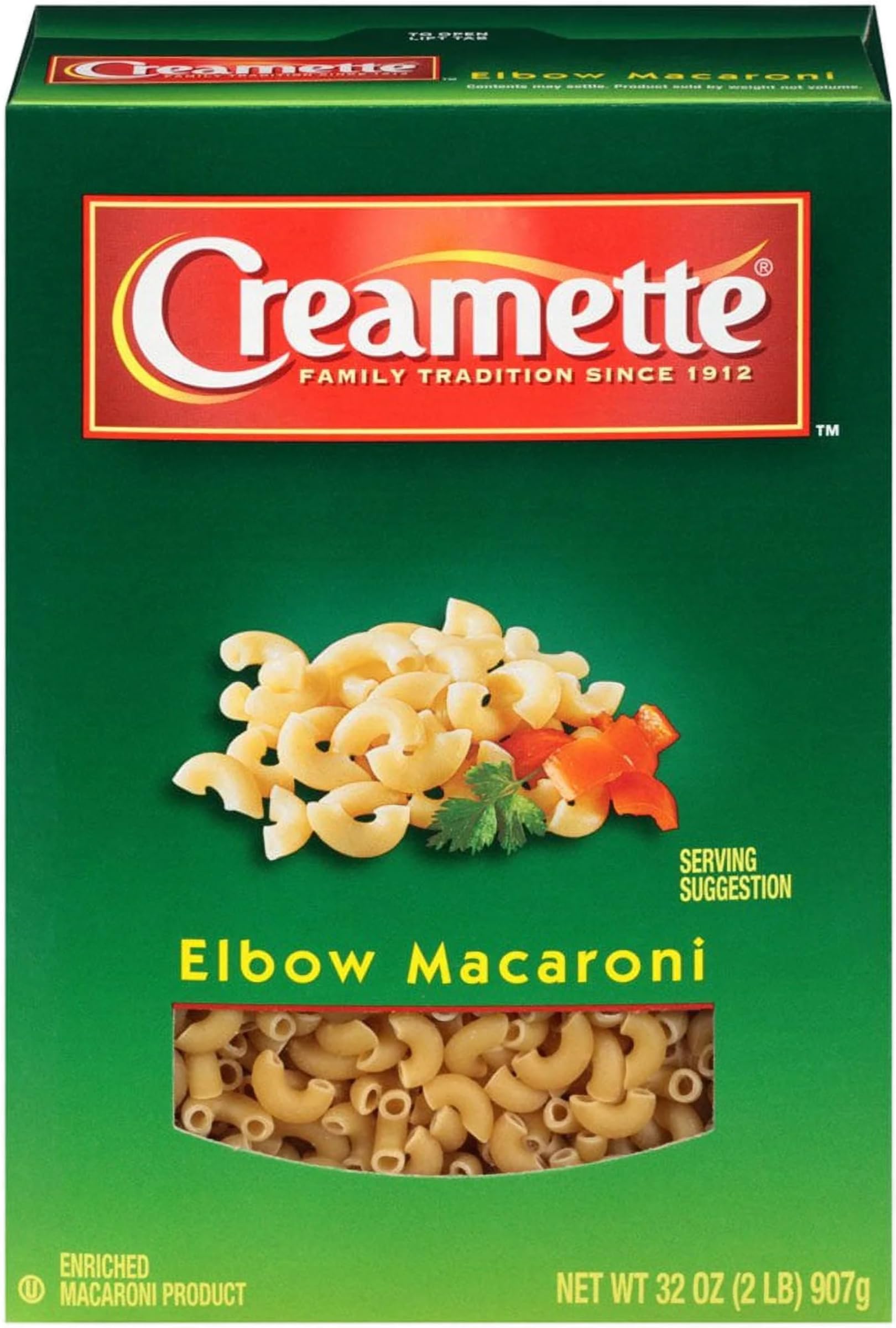 CREAMETTE uncooked elbow macaroni close-up showing texture and firmness
