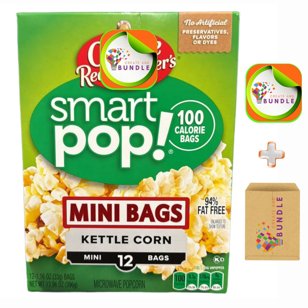 Create and Bundle front packaging showing 12 single‑serve kettle corn bags and benefits