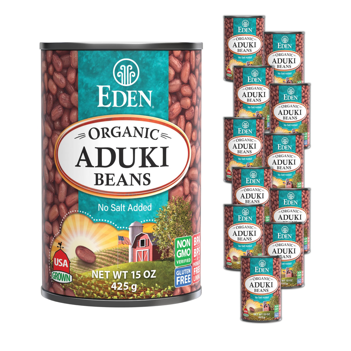 CREATION AND MAINTENANCE OF PURITY IN FOOD front packaging showing 15-ounce no-salt aduki beans, convenient pantry staple