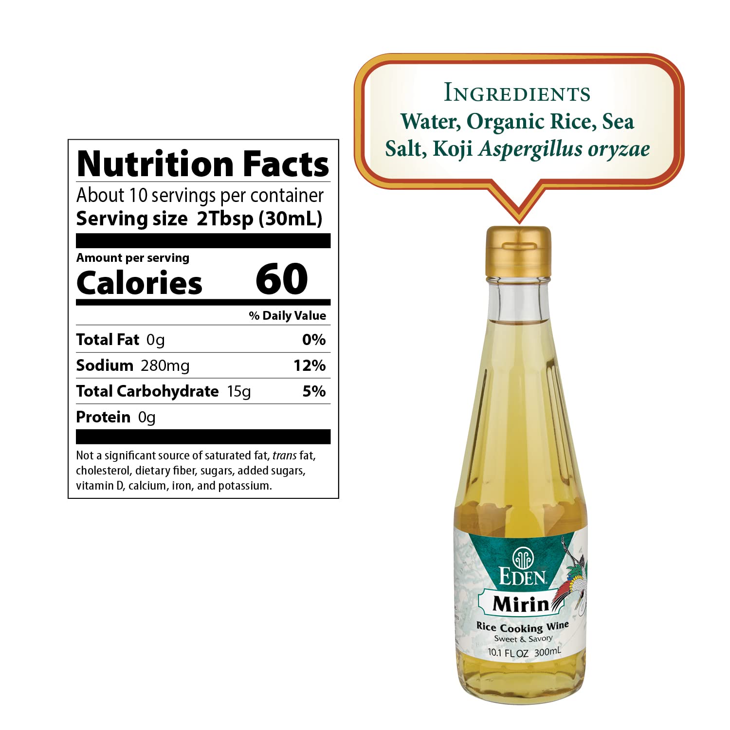 CREATION AND MAINTENANCE OF PURITY IN FOOD Eden mirin label closeup displays ingredients and kosher mark, assures clean ingredients