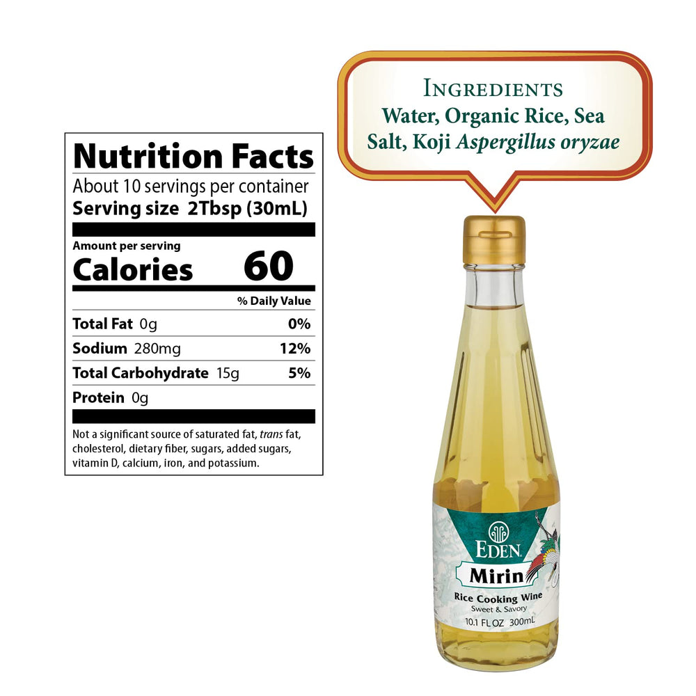 CREATION AND MAINTENANCE OF PURITY IN FOOD Eden mirin label closeup displays ingredients and kosher mark, assures clean ingredients