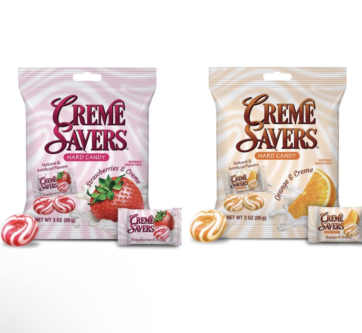 Close-up of Creme Savers strawberry and orange discs showing creamy texture and bright colors