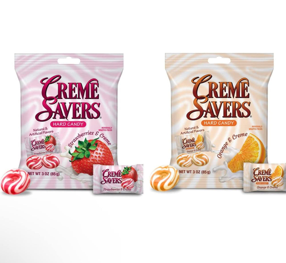 Close-up of Creme Savers strawberry and orange discs showing creamy texture and bright colors