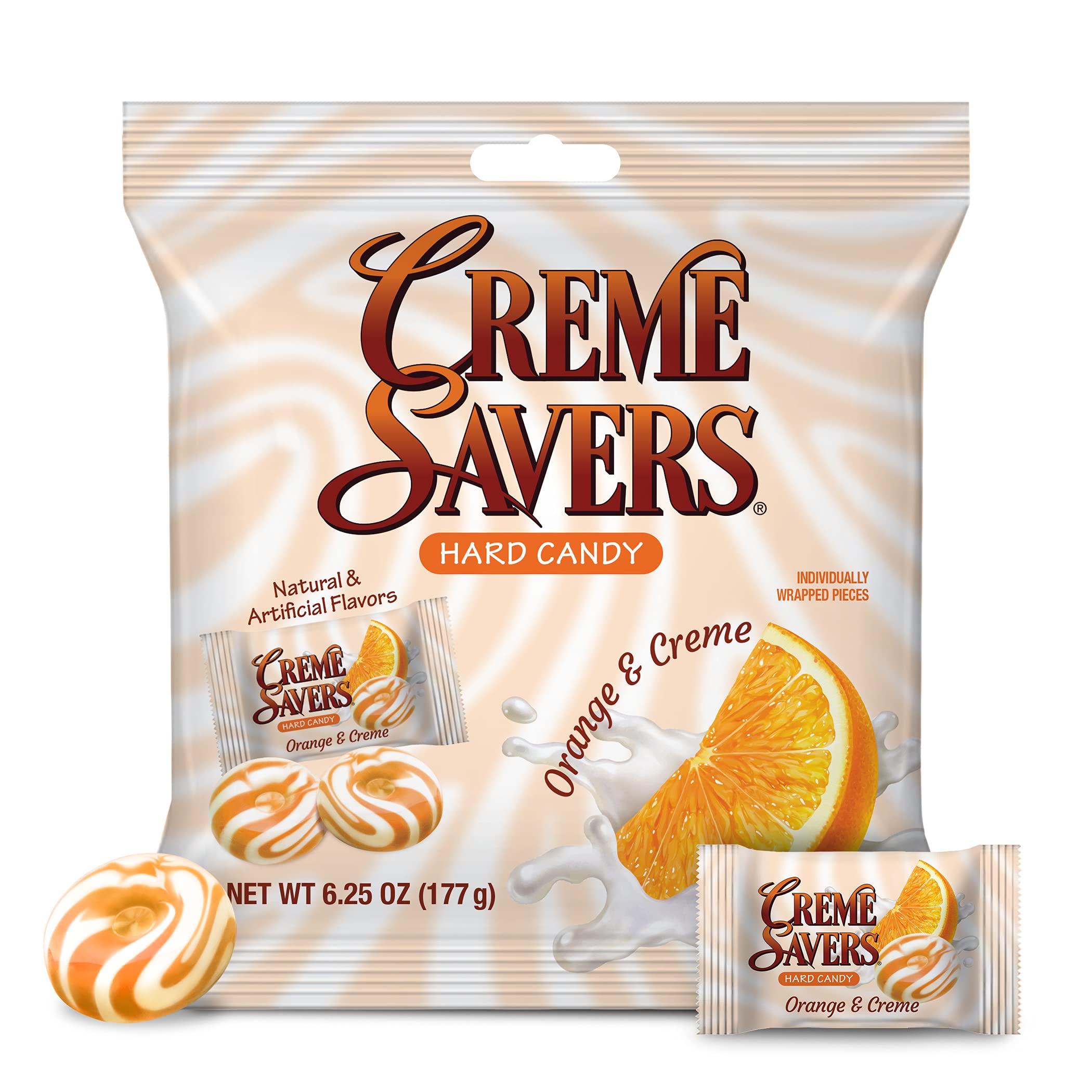 Crème Savers close-up of candy piece revealing creamy center and texture benefit