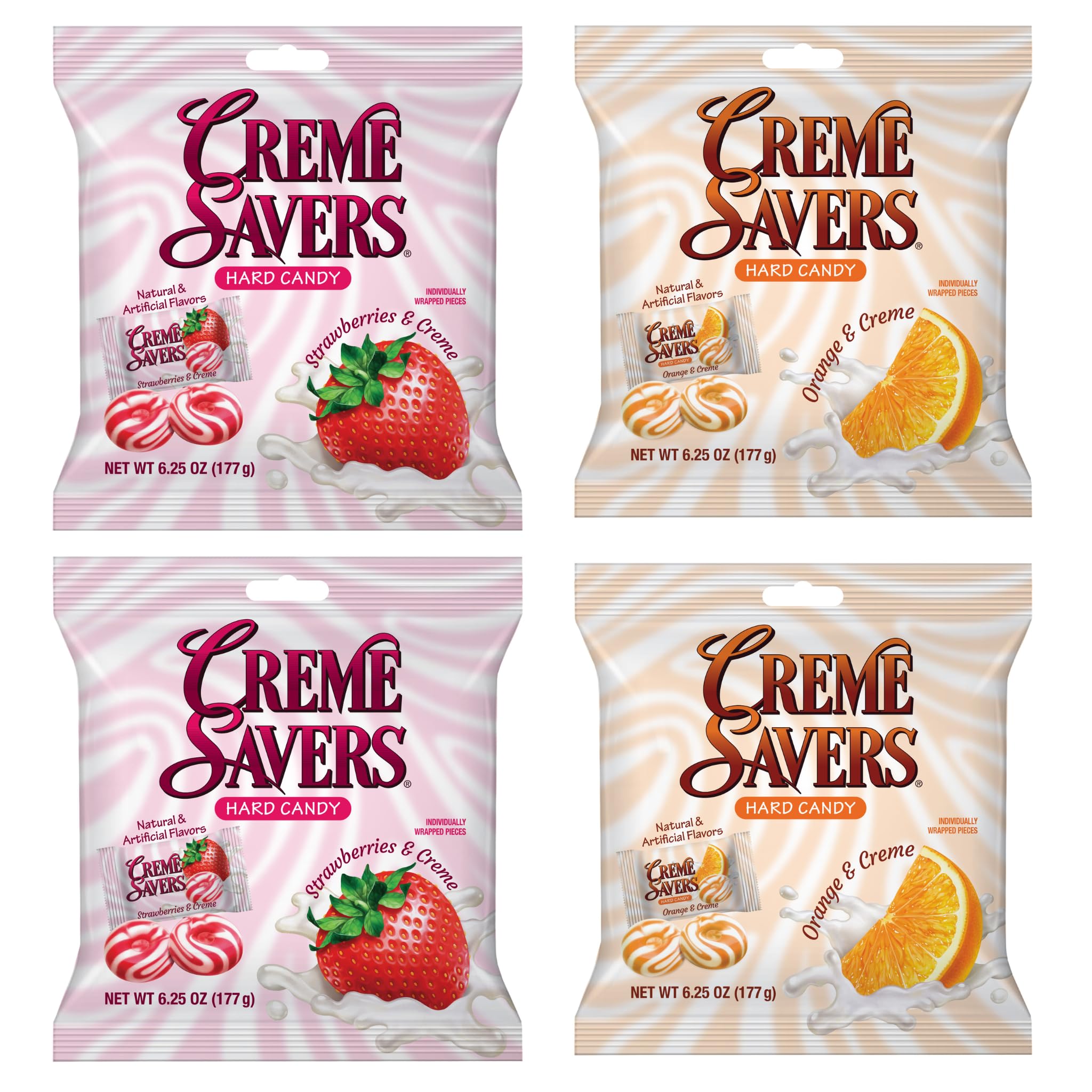 Crème Savers front packaging showing strawberry and orange crème variety and benefits