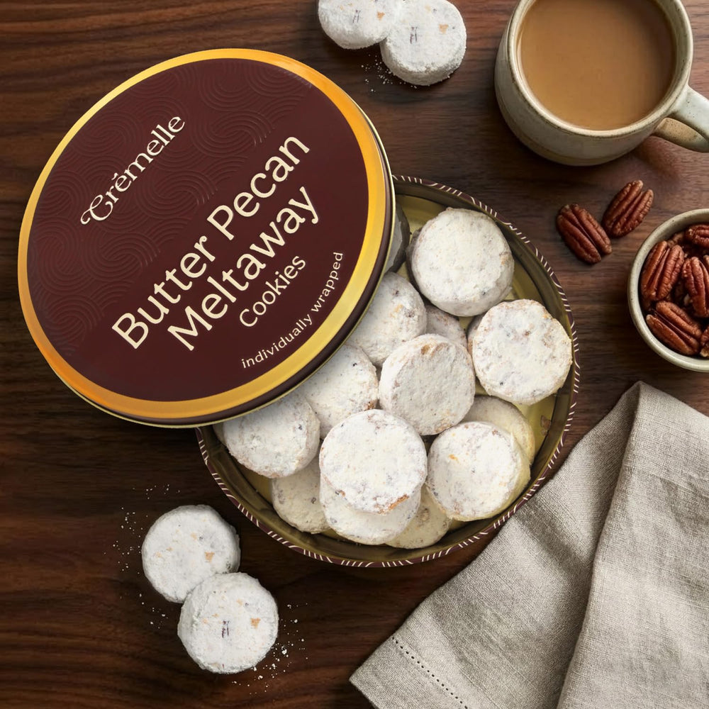Cremelle cookies on a tea table in a lifestyle setting for gifting and entertaining