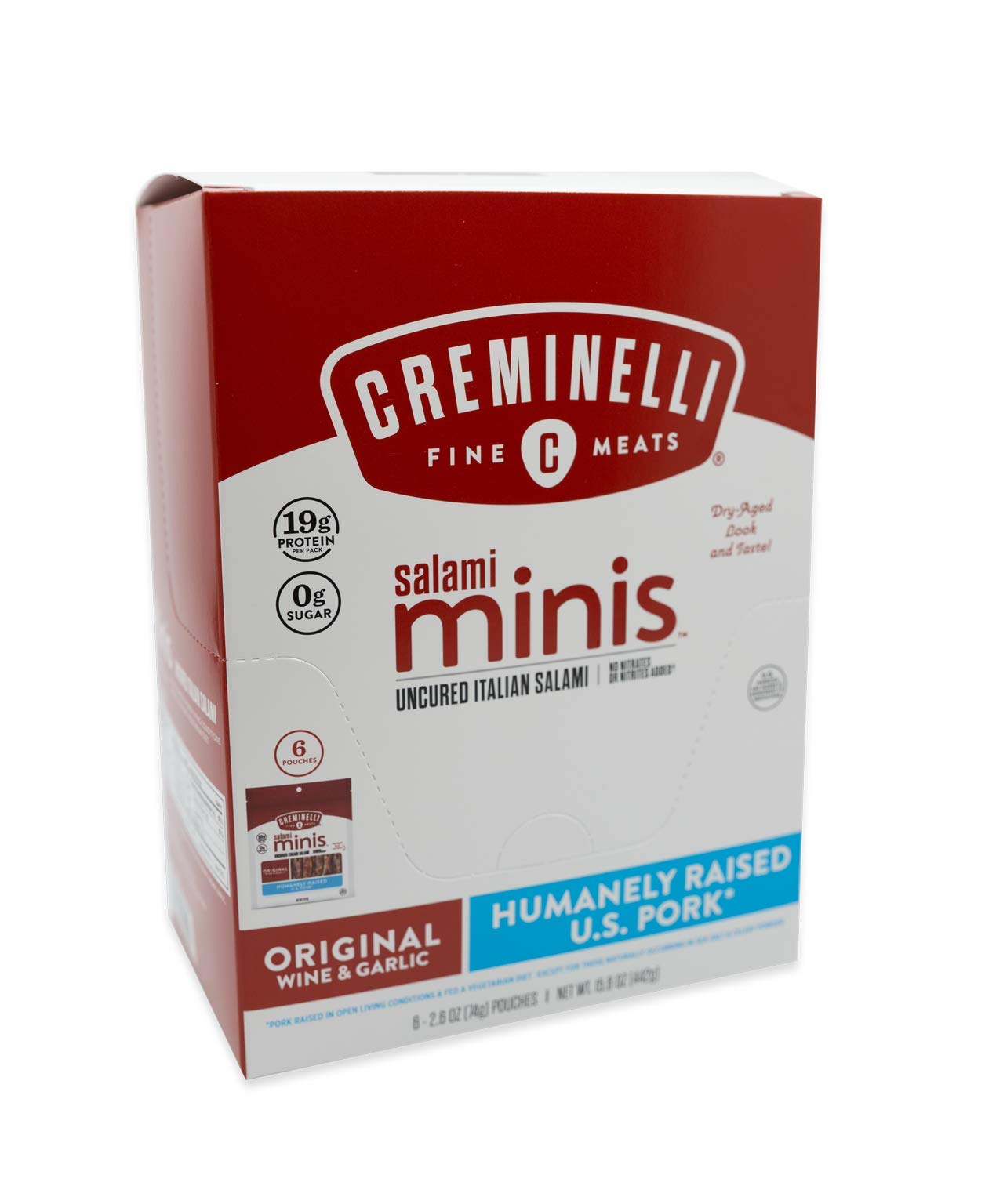 Creminelli opened pouch with visible salami stick for ready-to-eat convenience