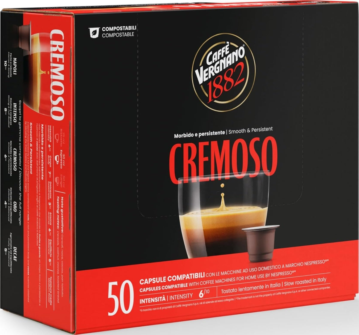 Caffe' Vergnano 1882 front packaging showing capsules and convenience