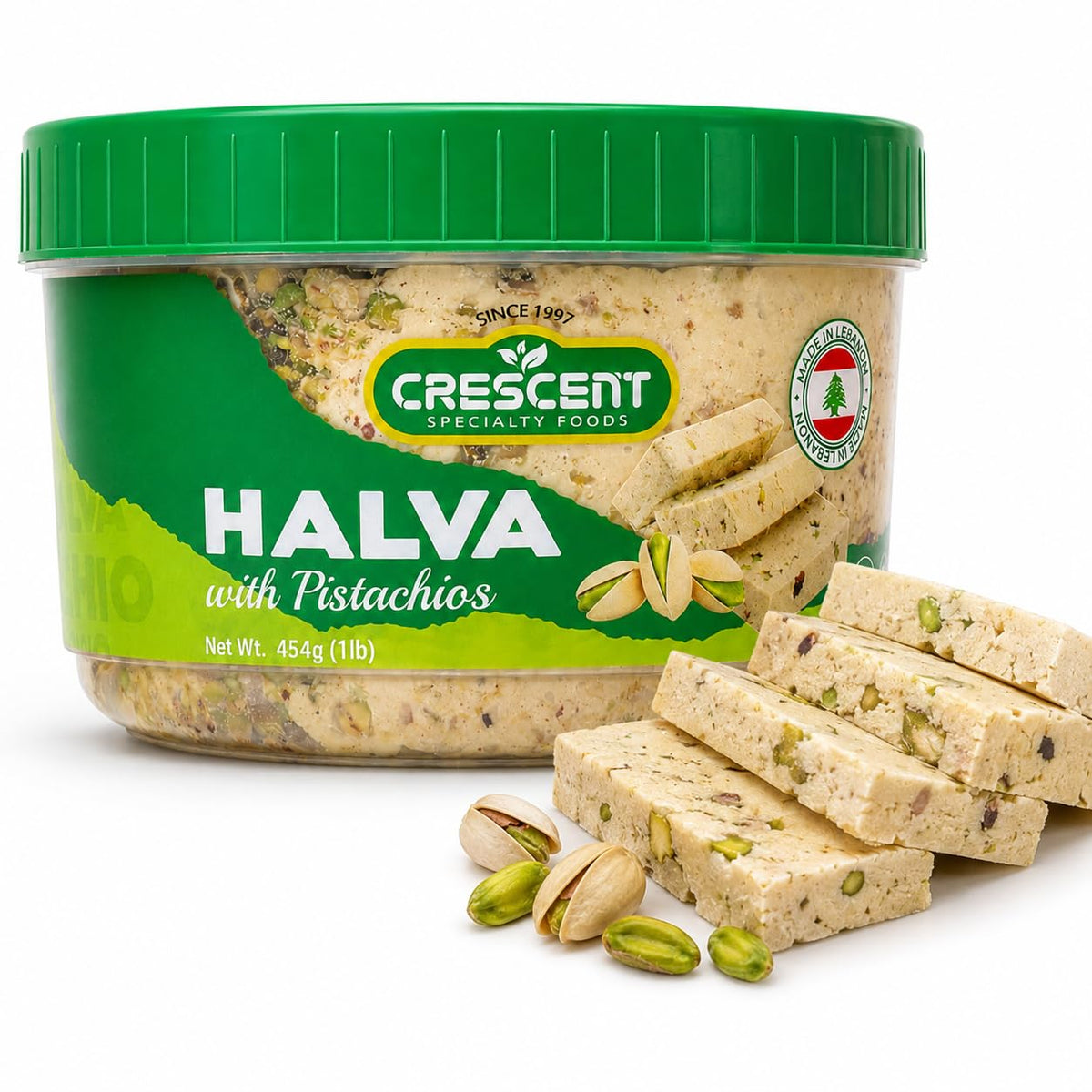 CRESCENT SPECIALTY FOODS front tub showing label and pistachio halva, appealing shelf-ready dessert