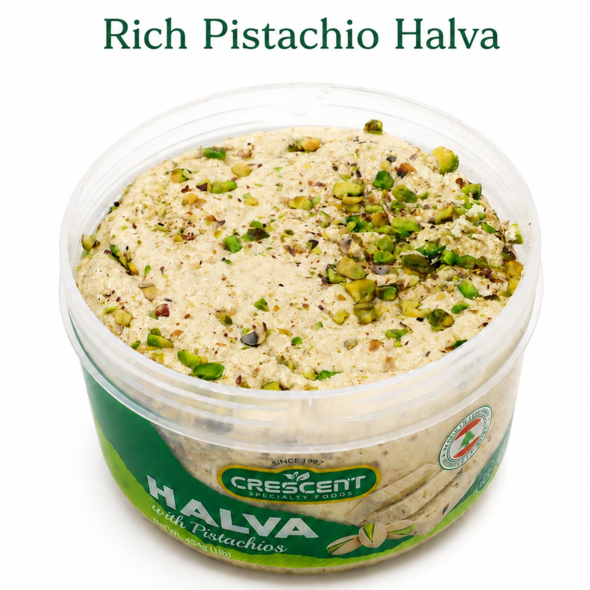 CRESCENT SPECIALTY FOODS open tub top view revealing pistachio pieces and crumbly texture, keeps freshness