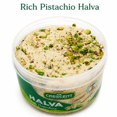 CRESCENT SPECIALTY FOODS open tub top view revealing pistachio pieces and crumbly texture, keeps freshness