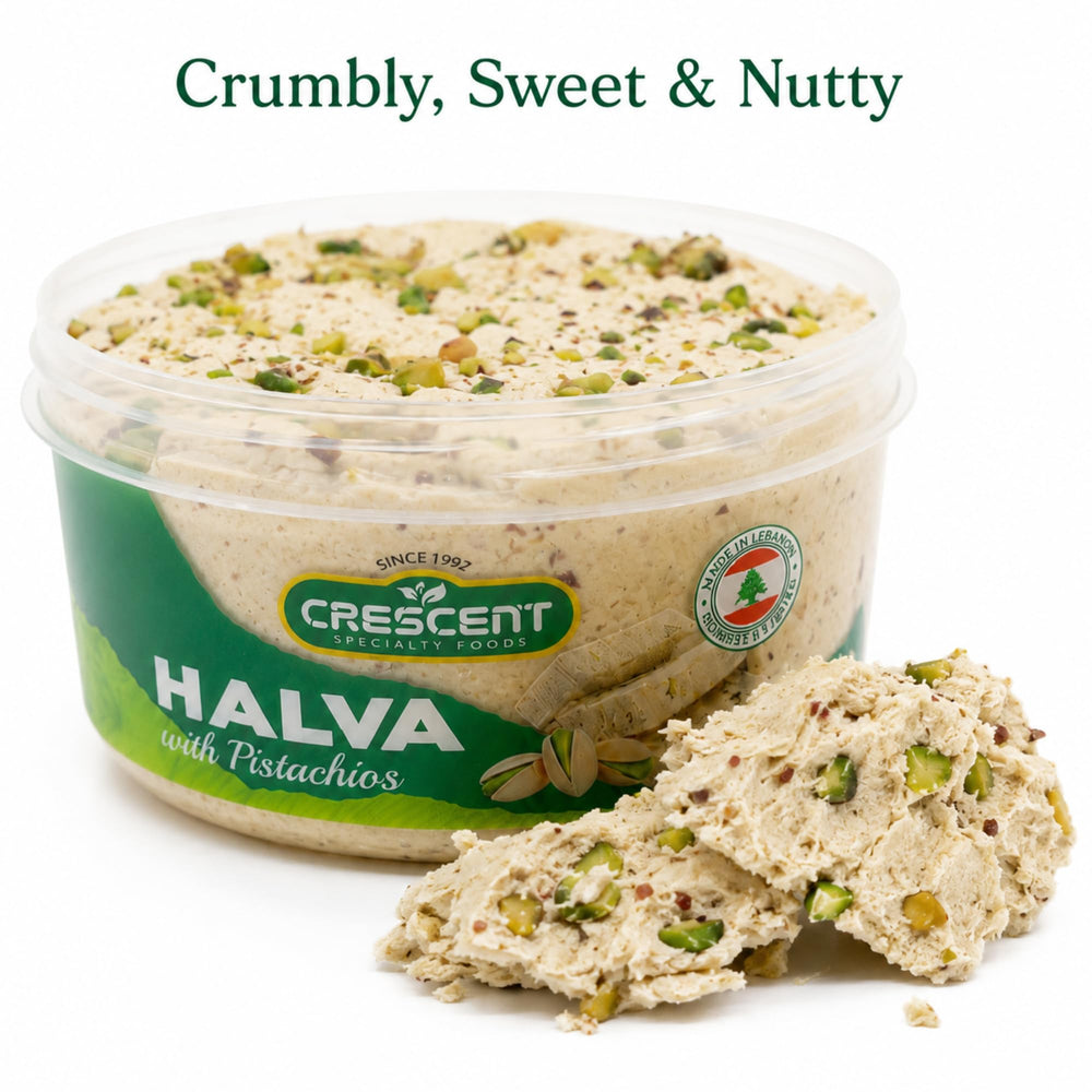 CRESCENT SPECIALTY FOODS close-up of pistachio nuts in halva showing crunchy contrast and nutty flavor