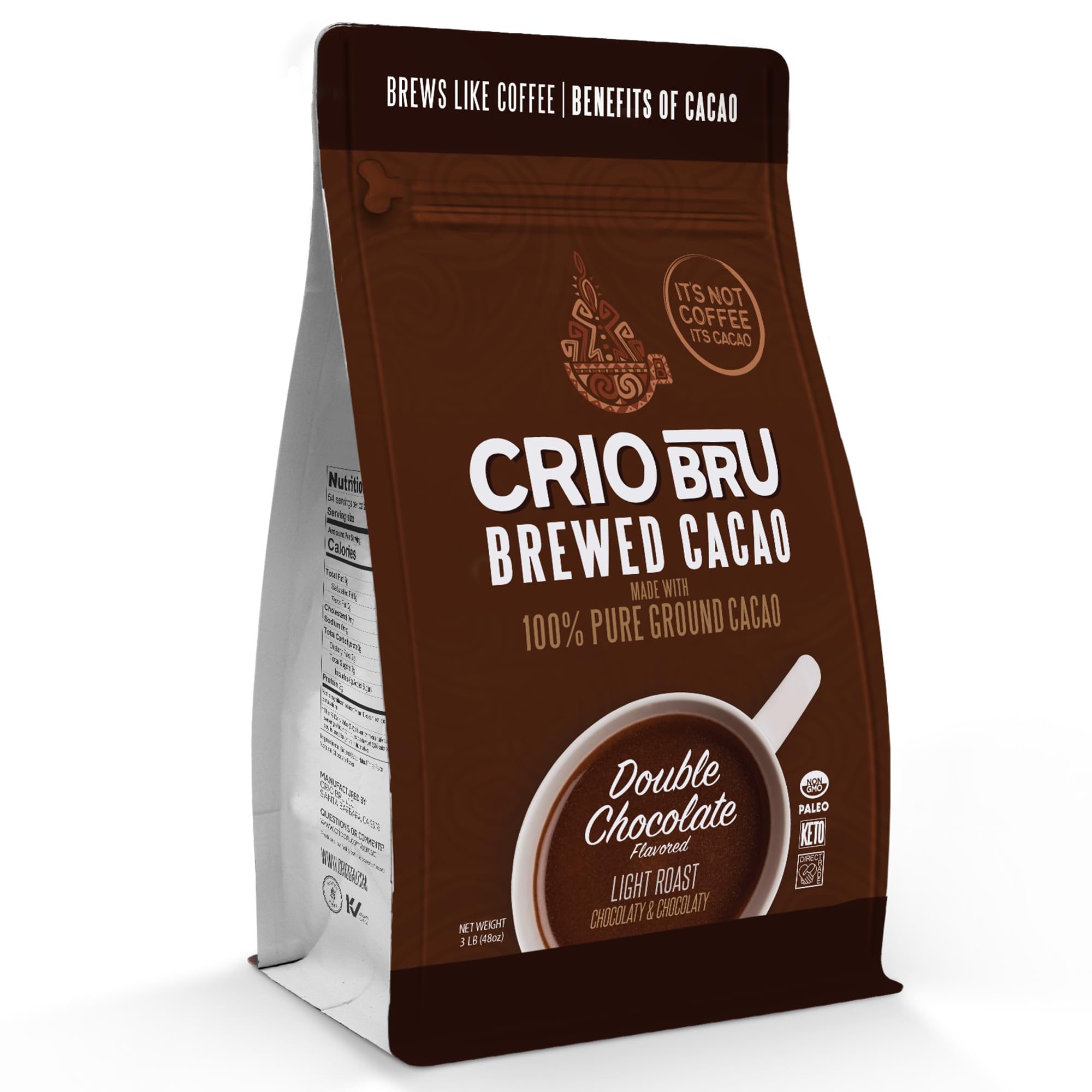 Crio Bru front canister showing product branding and chocolate aroma benefit
