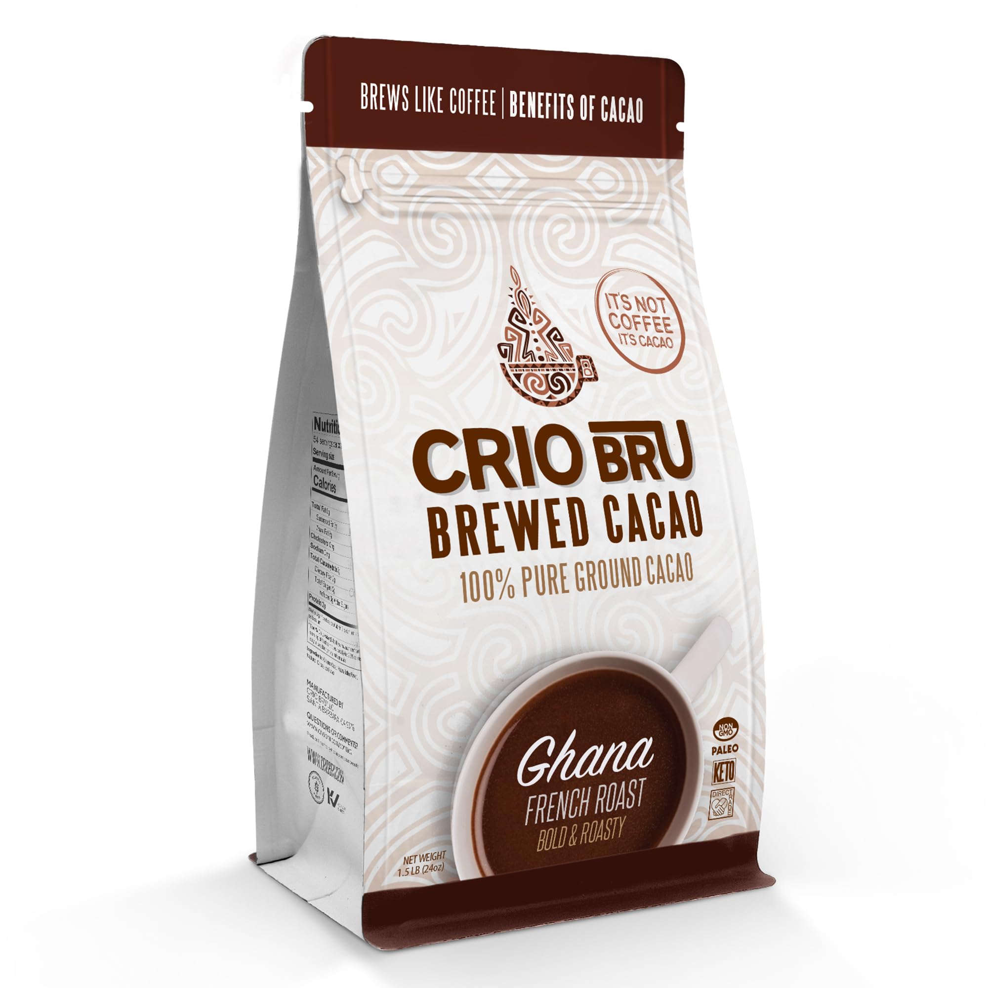 Crio Bru front package showing bag and bold roast branding benefits aroma