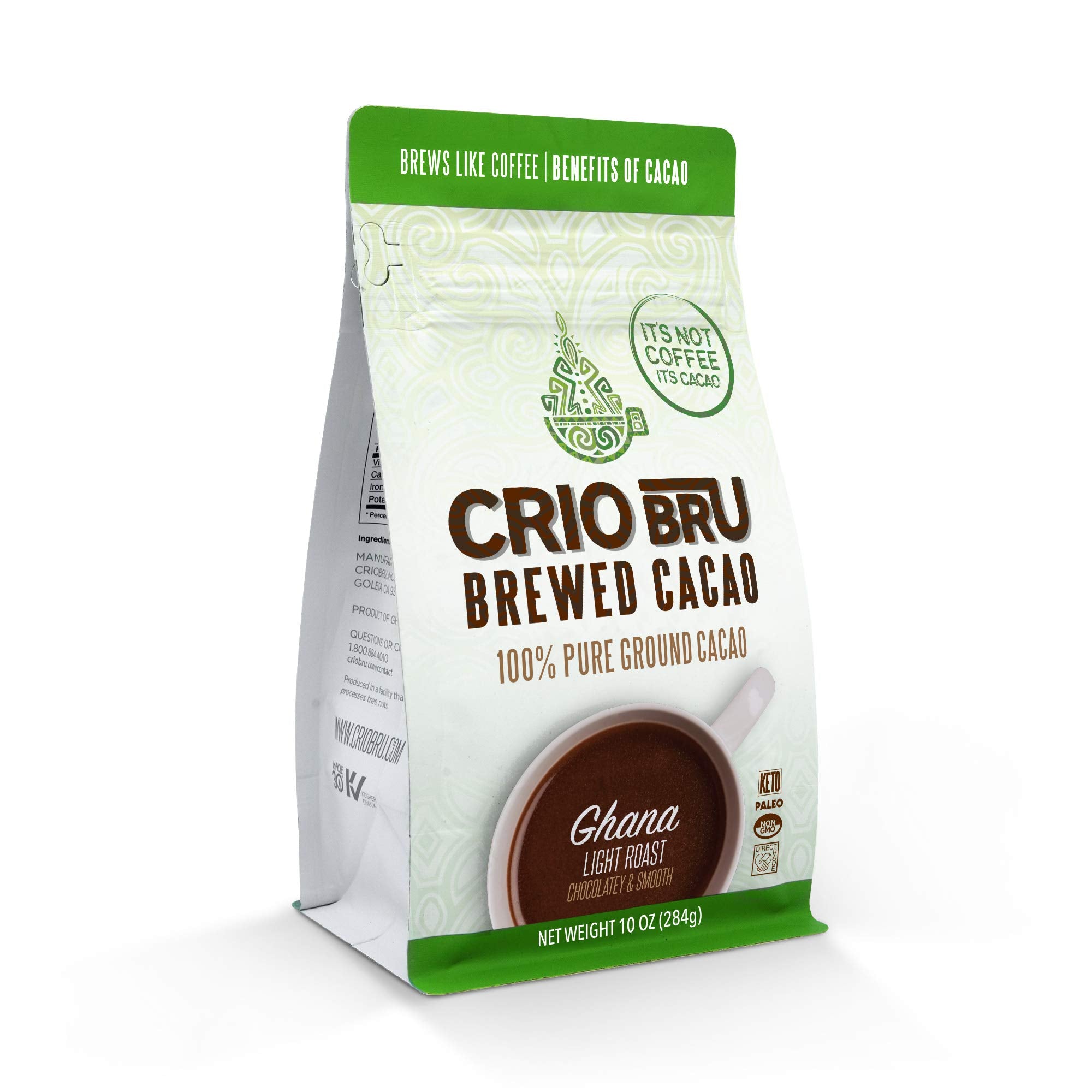 Crio Bru front packaging showing Ghana light roast and brewing benefit
