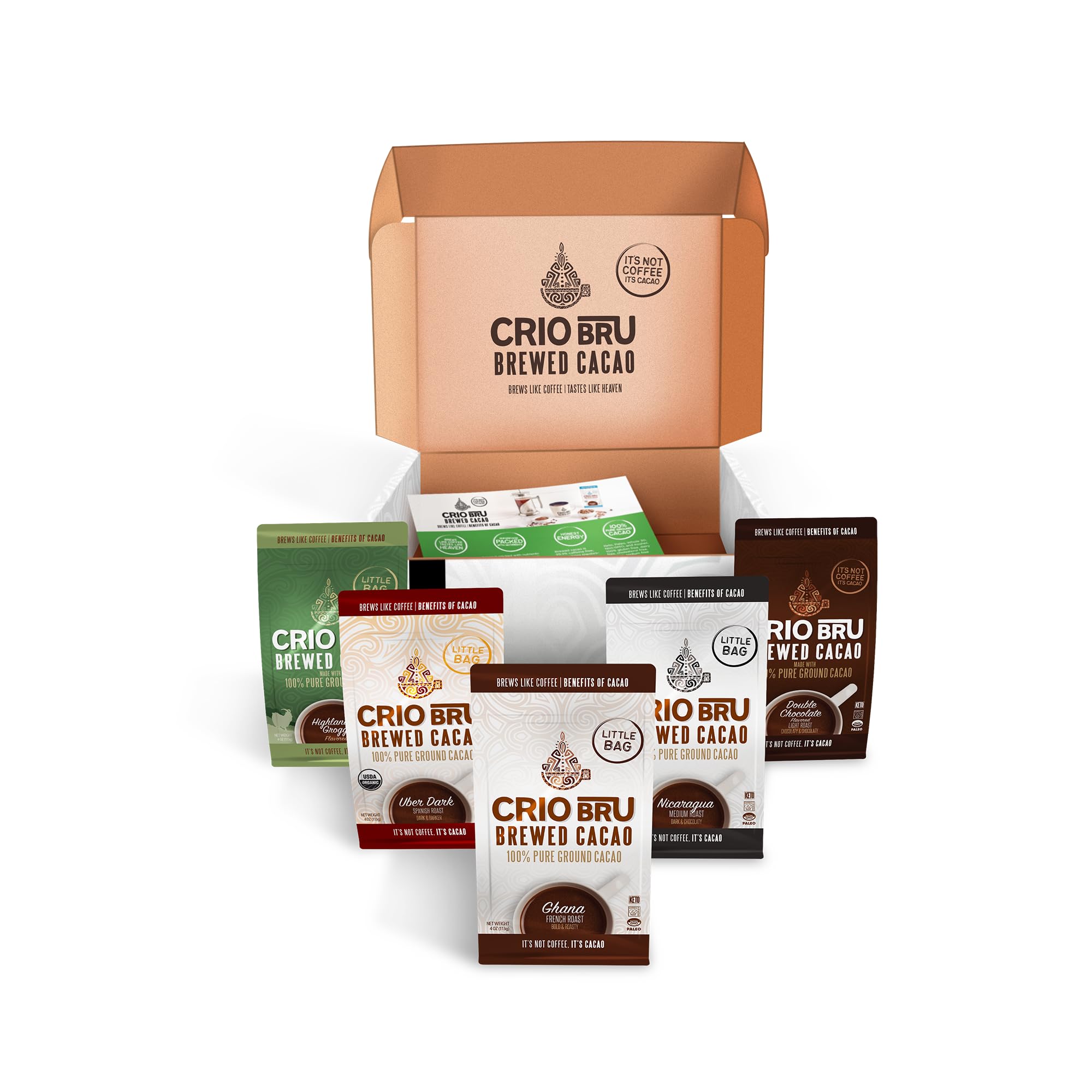 Crio Bru front packaging of sampler showing five varieties and benefits