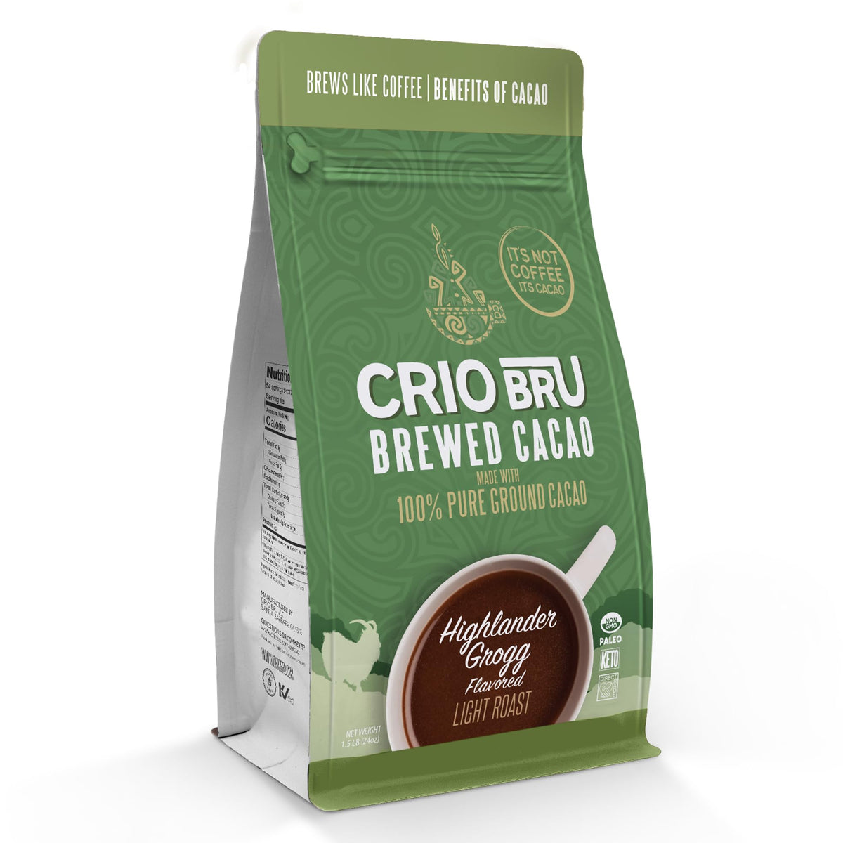 Crio Bru front packaging showing limited-edition Highlander Grogg and benefits
