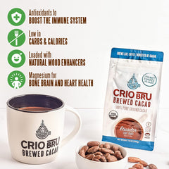 Crio Bru steaming cup on counter illustrating warm chocolate comfort