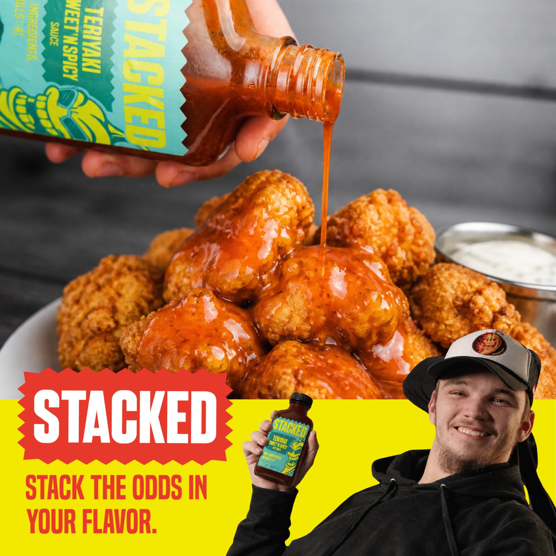Crippling Hot Sauce drizzled over a rice bowl lifestyle shot for meal inspiration