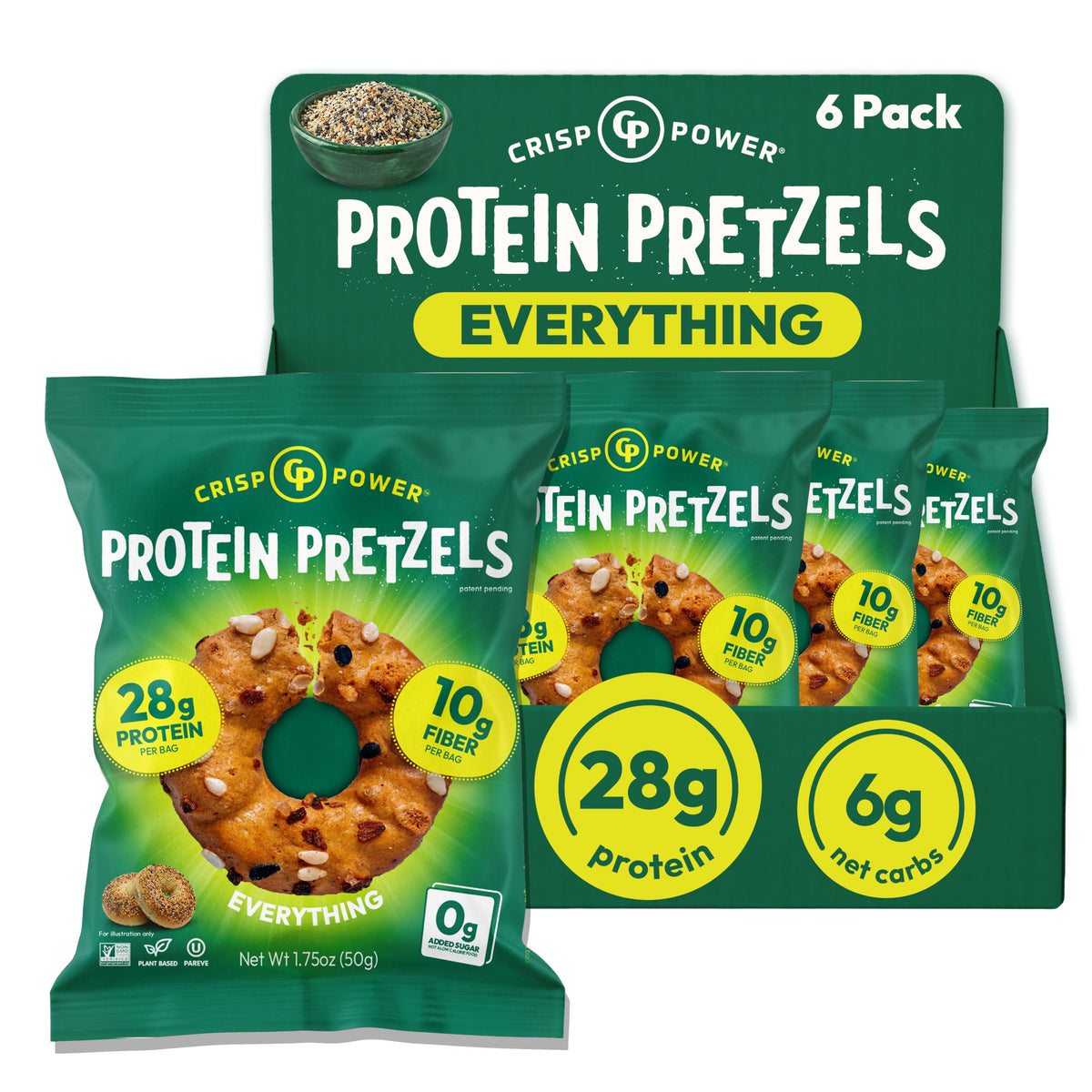 Crisp Power front packaging showcasing everything flavor and 6-pack convenience