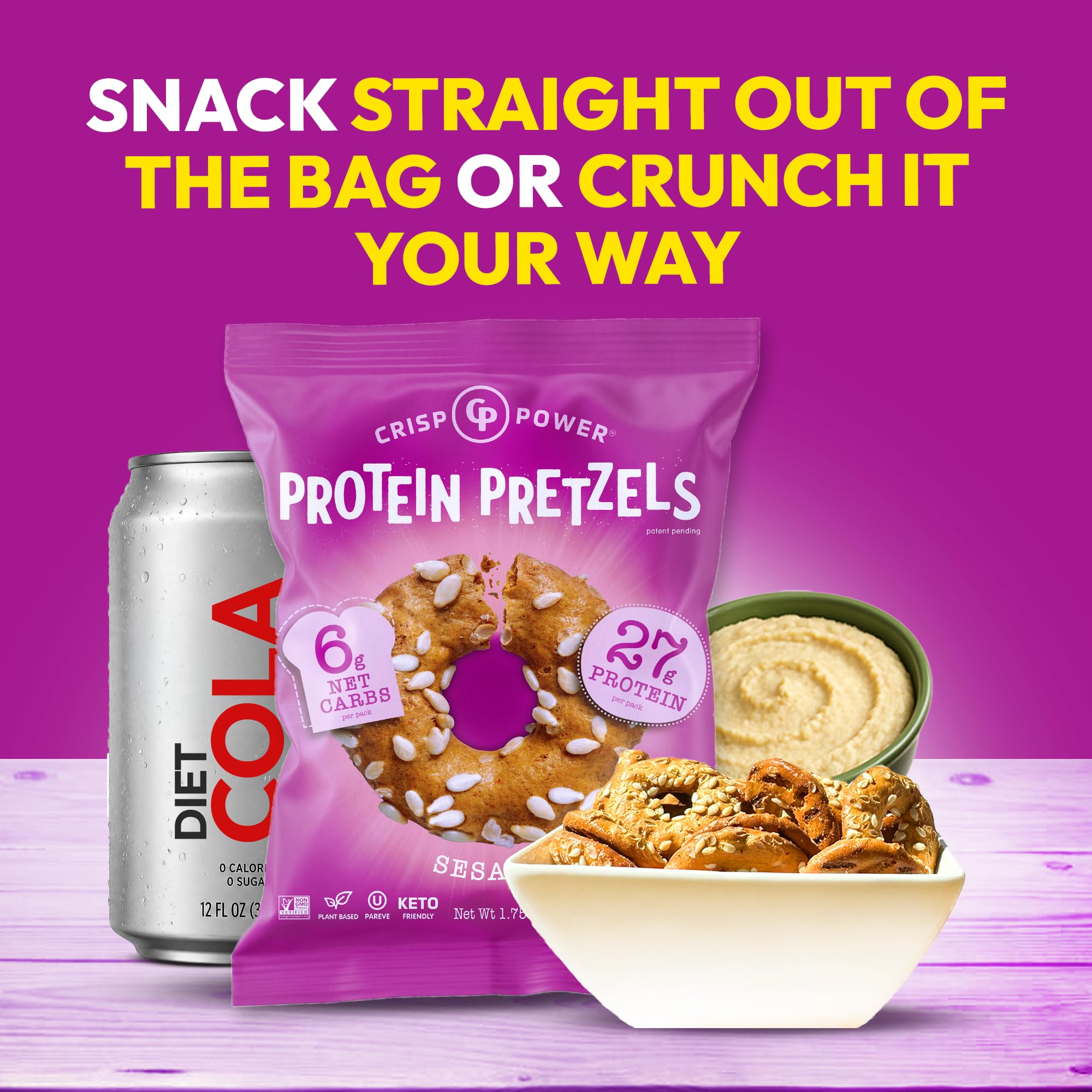 CRISP POWER nutrition label detail emphasizing high protein and low net carbs per serving