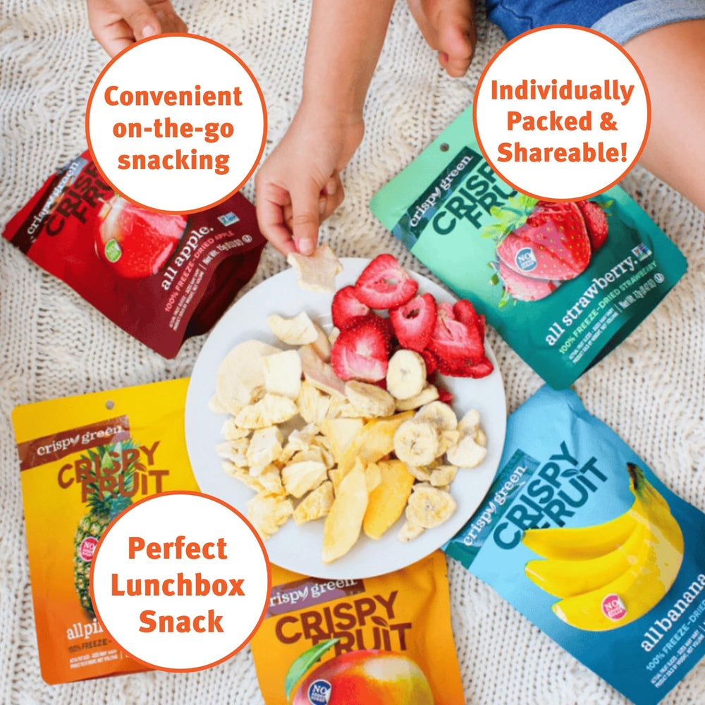 Crispy Green individual 0.85 oz pouch on table for grab-and-go convenience