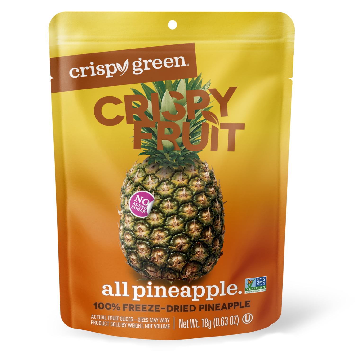 Crispy Green front packaging showing pack of individually wrapped pineapple bags and convenience
