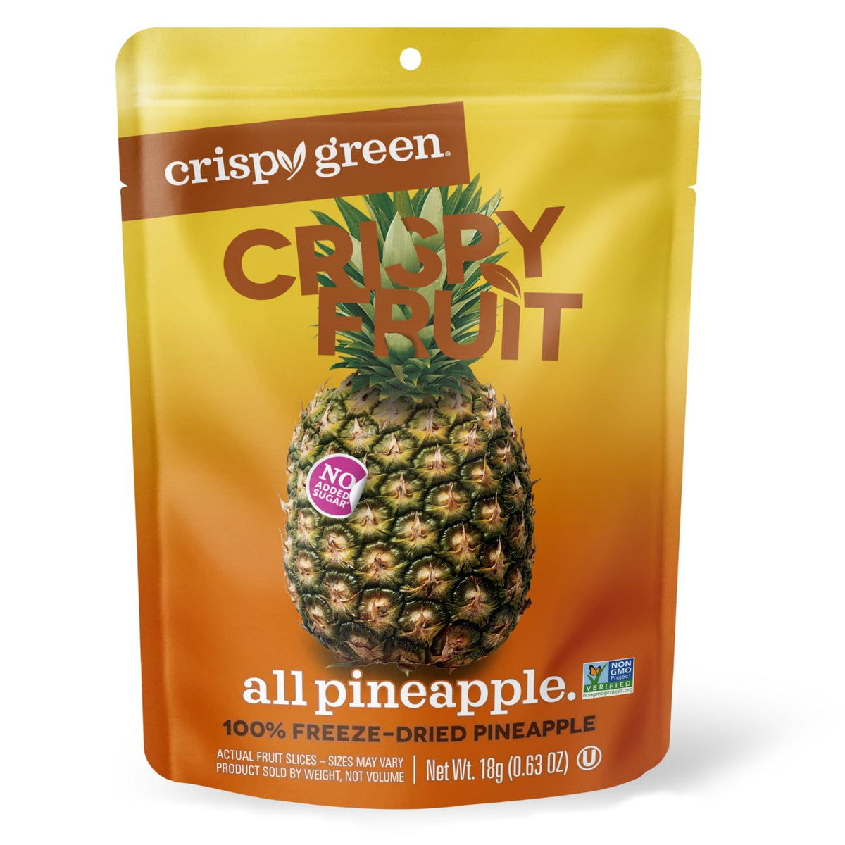 Crispy Green front packaging showing pack of individually wrapped pineapple bags and convenience