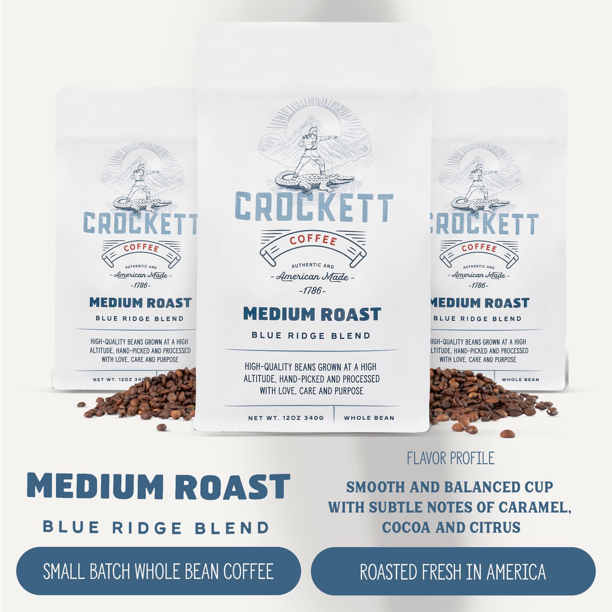 Crockett Coffee whole beans close-up highlighting roast color and aroma