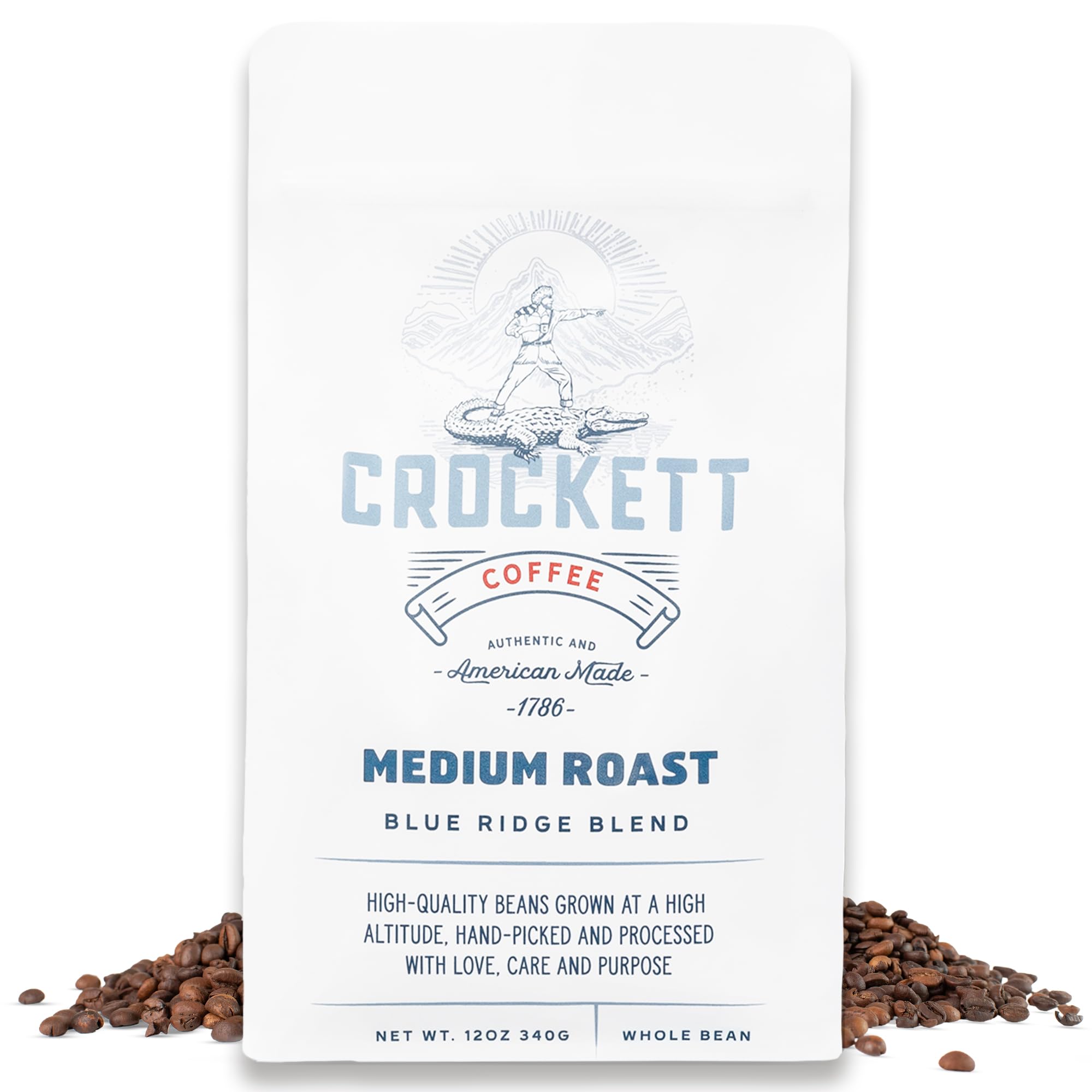 Crockett Coffee front packaging showing brand and medium roast benefits