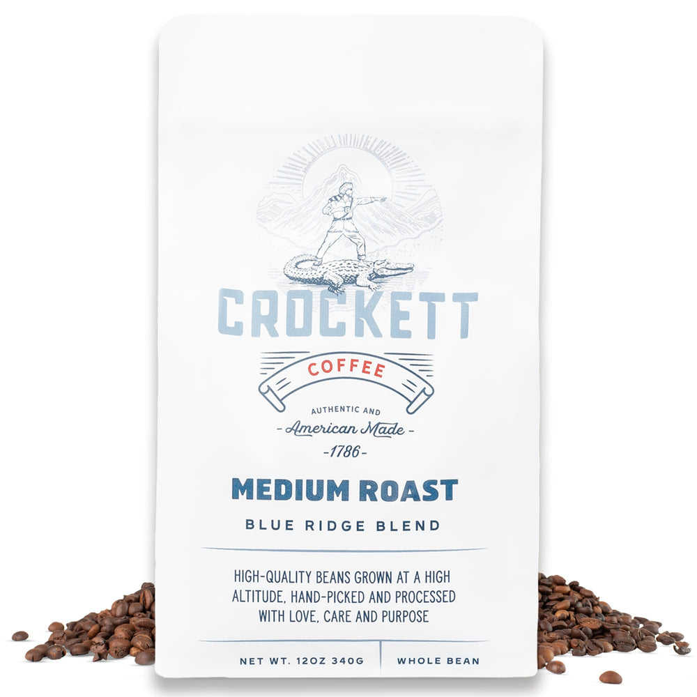 Crockett Coffee front packaging showing brand and medium roast benefits