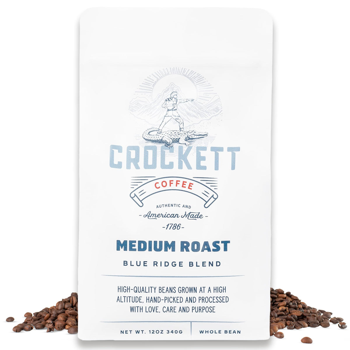 Crockett Coffee front packaging showing brand and medium roast benefits
