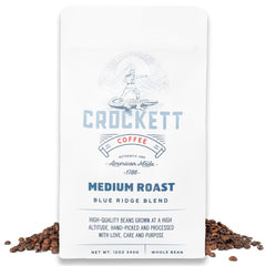Crockett Coffee front packaging showing brand and medium roast benefits