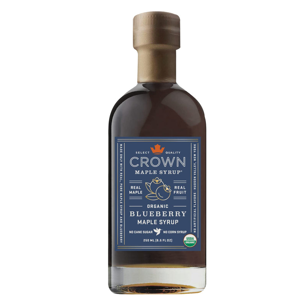 Crown Maple blueberry maple syrup bottle front view showing label and organic seal for gourmet flavor