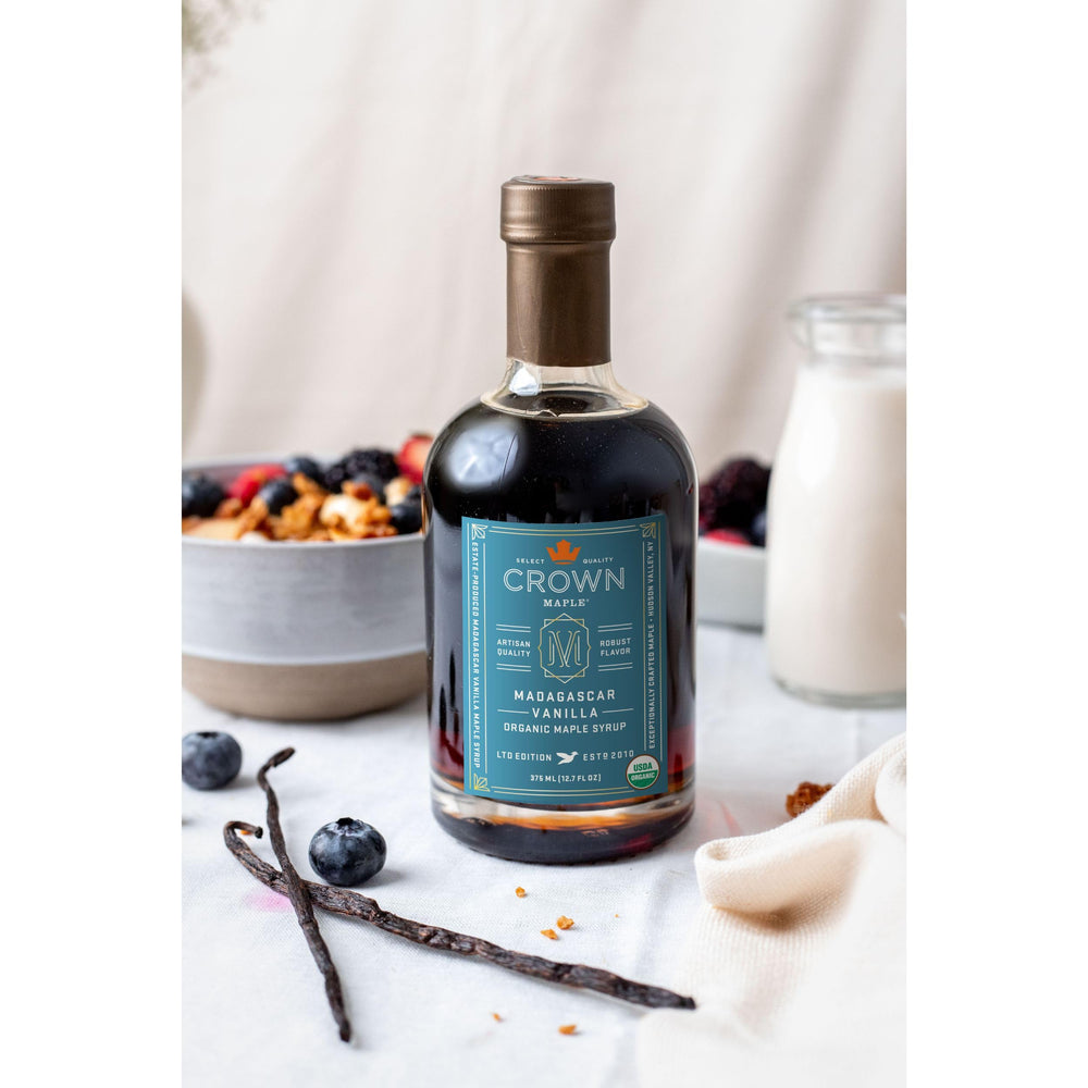Crown Maple syrup pouring close-up showing creamy texture and flavor boost
