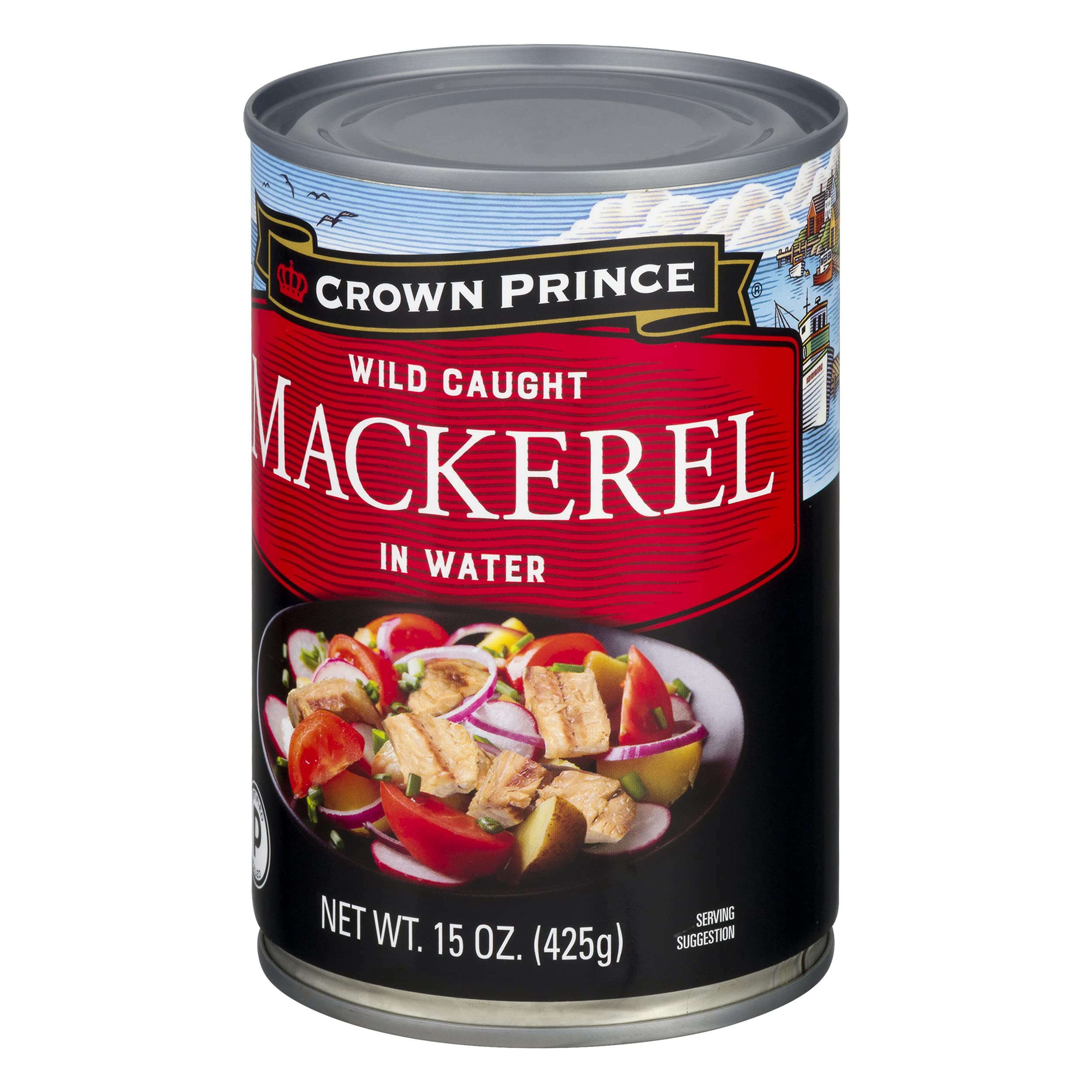 Crown Prince open can top view revealing mackerel in water, easy serving