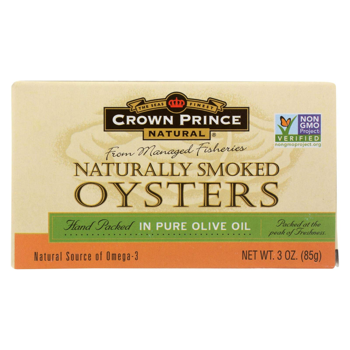 Crown Prince front packaging showing smoked oysters in olive oil for gourmet snacking