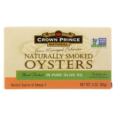 Crown Prince front packaging showing smoked oysters in olive oil for gourmet snacking