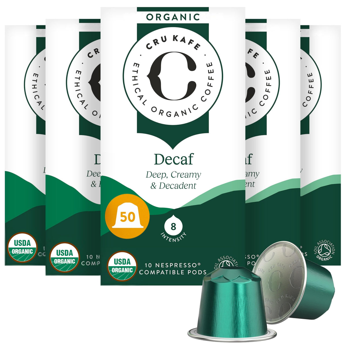 Cru Kafe front pack showing organic label and 50 pods benefit clarity