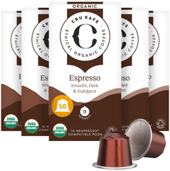 Cru Kafe front packaging showing box of 50 pods and strength label for convenience